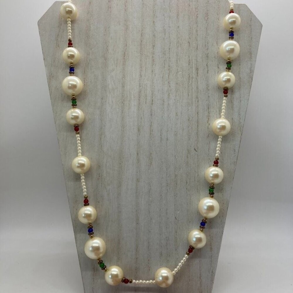 Vintage Simulated Pearl 40" Necklace Gold Red Blue White Spacer‎ Beads